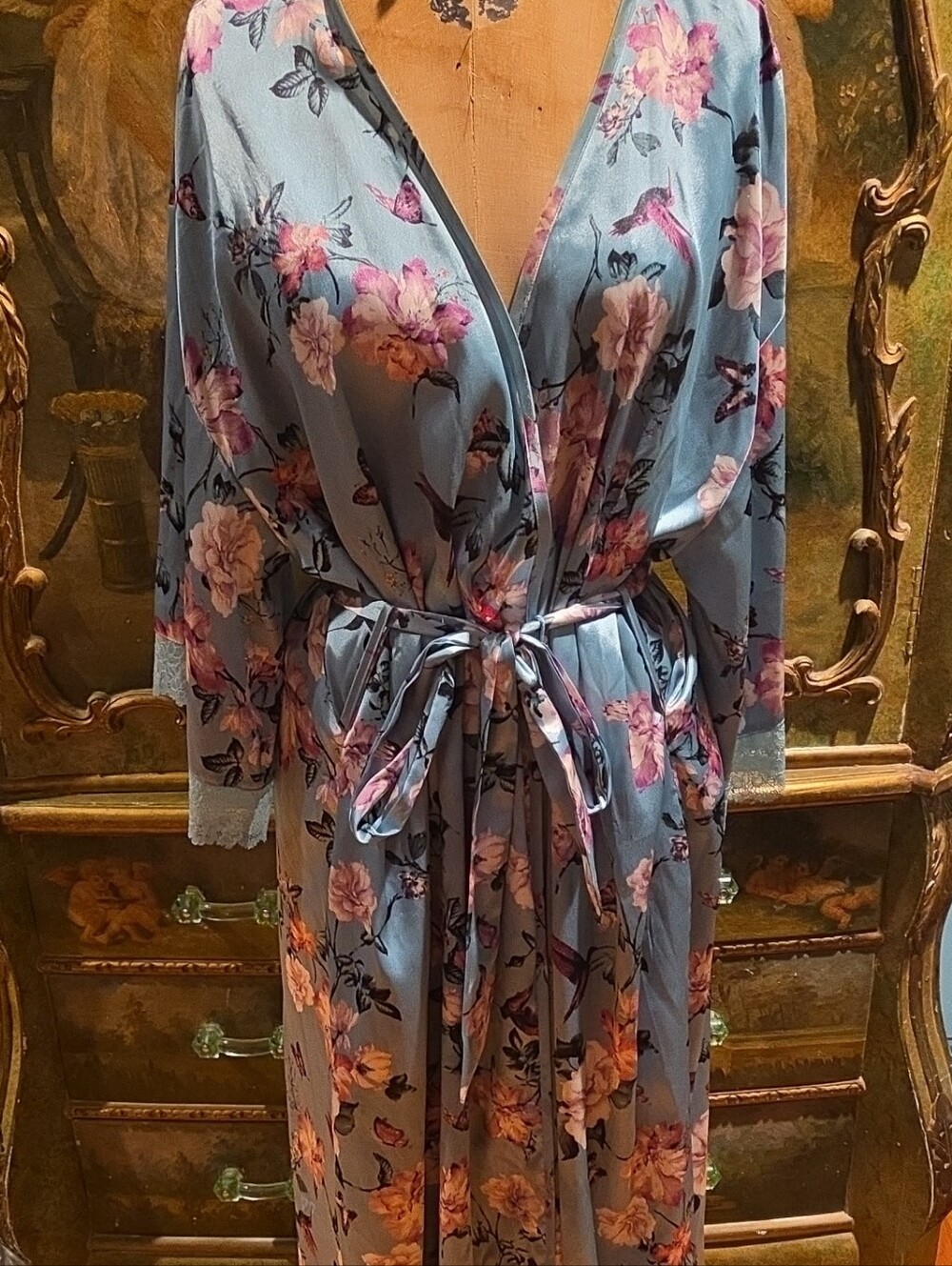 INC International Concepts Floral Satin Tie-Waist Robe with Lace Trim Sz XXL